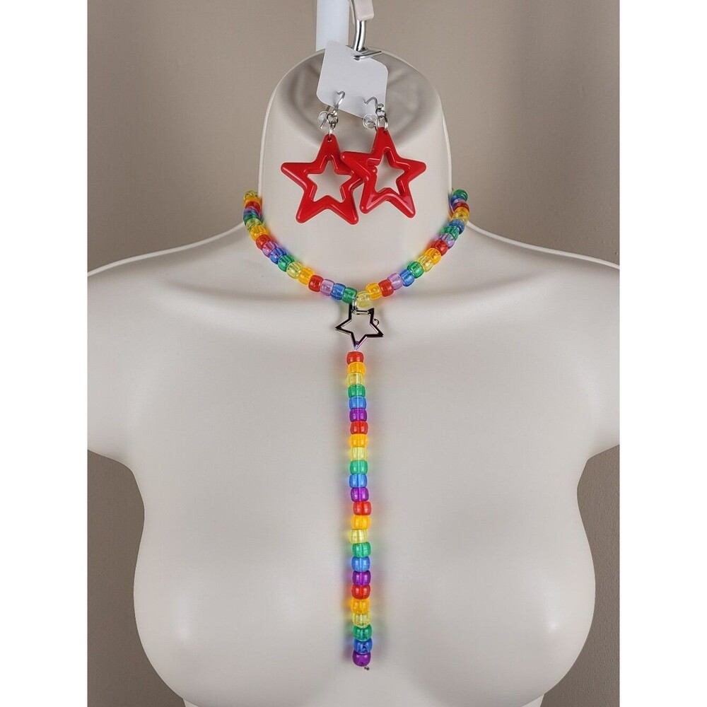 4pc Rainbow convertible choker removable binky cord red star earrings